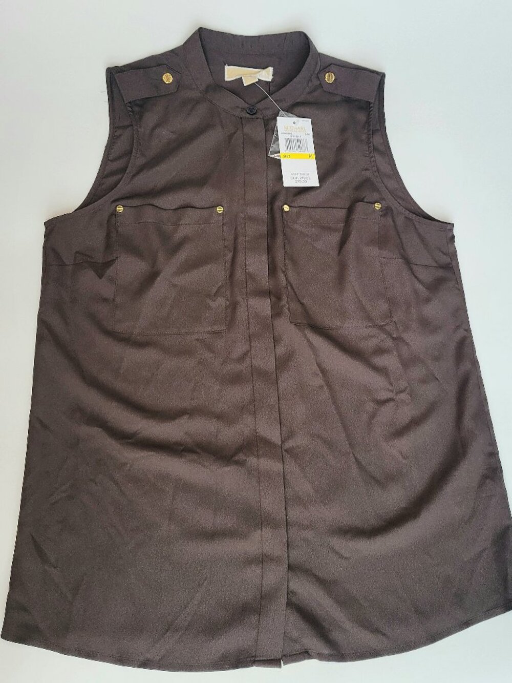 Michael Kors Sleeveless Blouse Size M Brown (Bark) Hidden Button